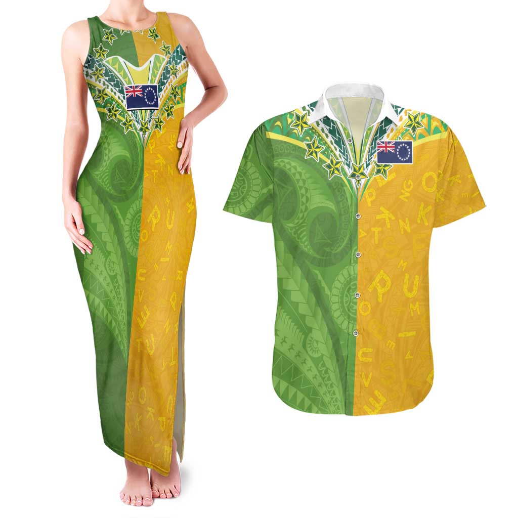 Cook Islands Language Week Couples Matching Tank Maxi Dress and Hawaiian Shirt Tatau Pattern and Rarotongan Alphabet LT03 Green - Polynesian Pride