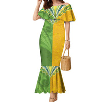 Cook Islands Language Week Family Matching Mermaid Dress and Hawaiian Shirt Tatau Pattern and Rarotongan Alphabet LT03 Mom's Dress Green - Polynesian Pride