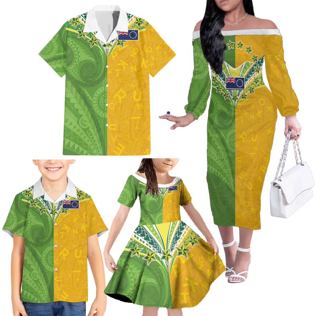 Cook Islands Language Week Family Matching Off The Shoulder Long Sleeve Dress and Hawaiian Shirt Tatau Pattern and Rarotongan Alphabet LT03 - Polynesian Pride