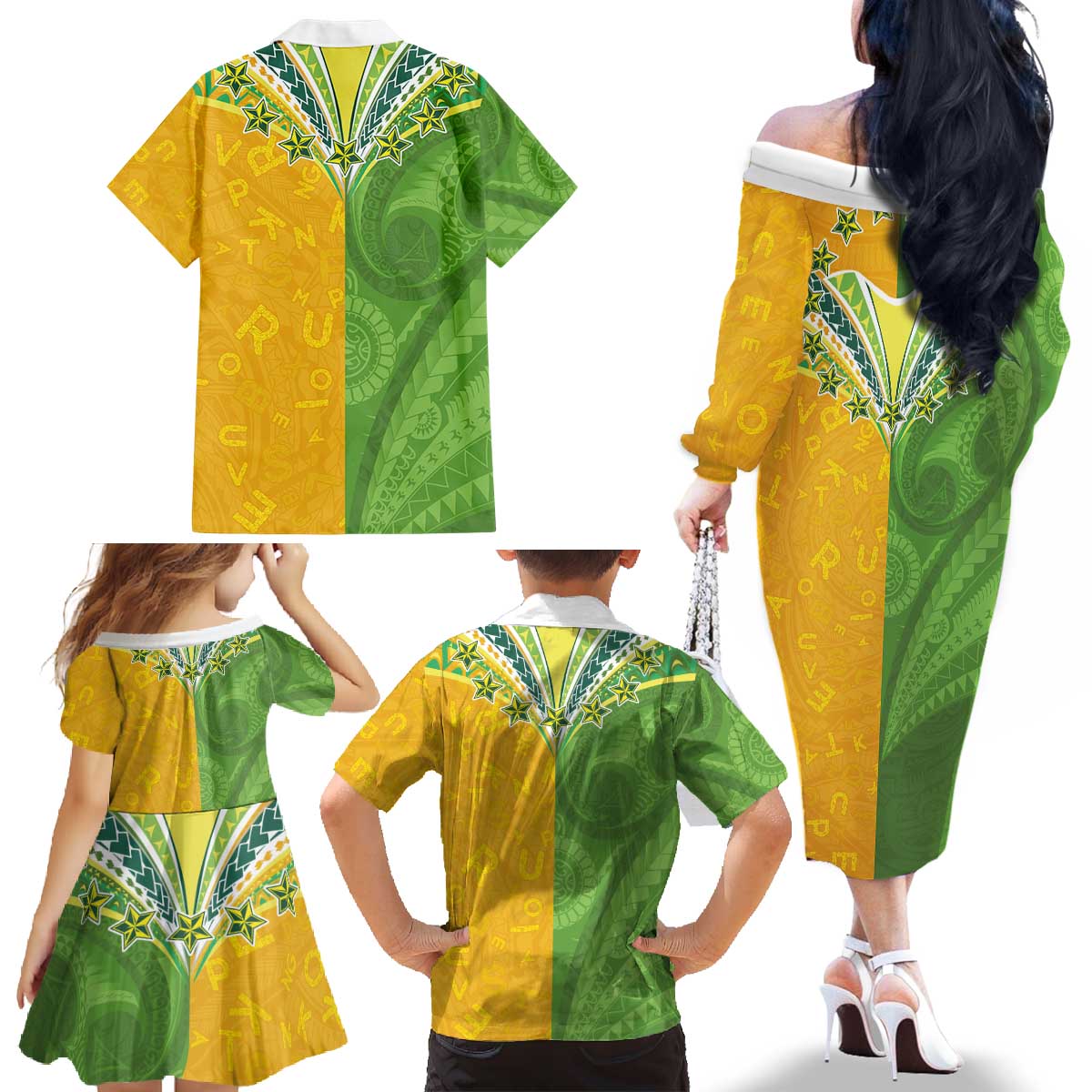 Cook Islands Language Week Family Matching Off The Shoulder Long Sleeve Dress and Hawaiian Shirt Tatau Pattern and Rarotongan Alphabet LT03 - Polynesian Pride