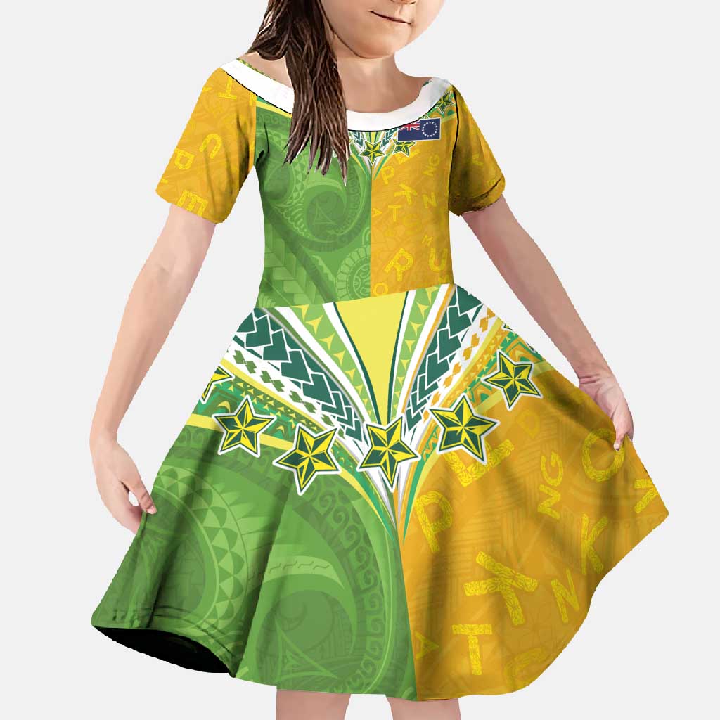 Cook Islands Language Week Family Matching Off Shoulder Maxi Dress and Hawaiian Shirt Tatau Pattern and Rarotongan Alphabet LT03 Daughter's Dress Green - Polynesian Pride