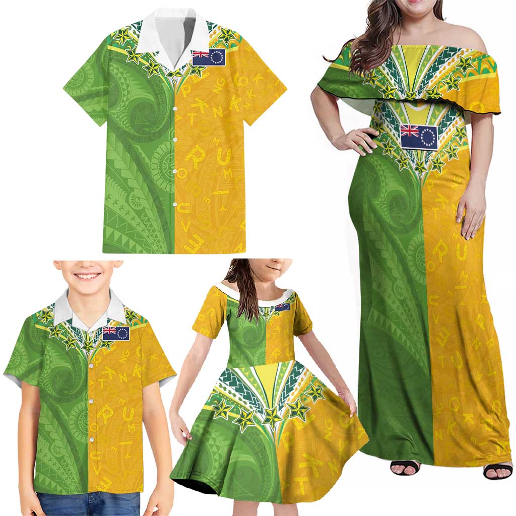 Cook Islands Language Week Family Matching Off Shoulder Maxi Dress and Hawaiian Shirt Tatau Pattern and Rarotongan Alphabet LT03 - Polynesian Pride