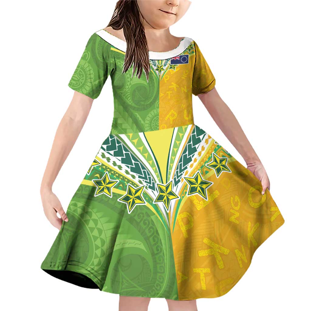 Cook Islands Language Week Family Matching Off Shoulder Short Dress and Hawaiian Shirt Tatau Pattern and Rarotongan Alphabet LT03 Daughter's Dress Green - Polynesian Pride