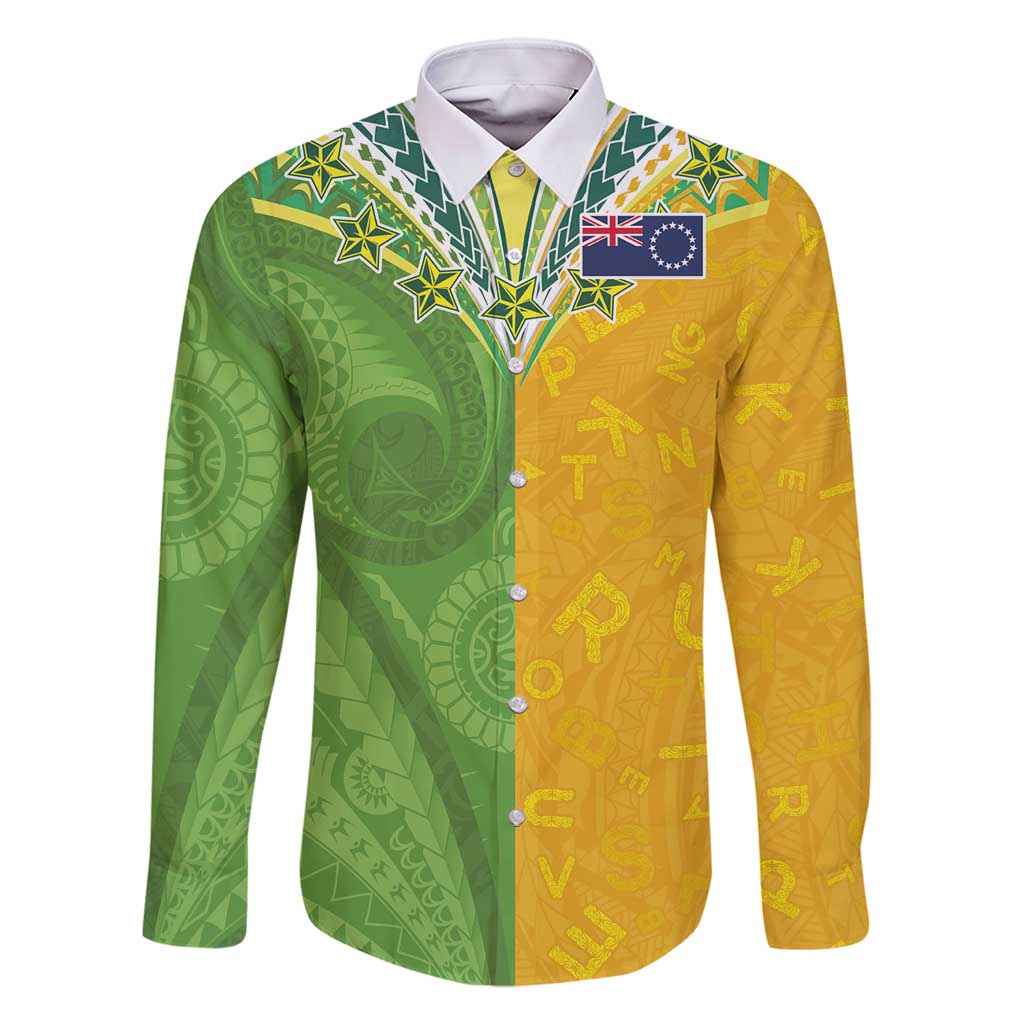 Cook Islands Language Week Family Matching Off Shoulder Short Dress and Hawaiian Shirt Tatau Pattern and Rarotongan Alphabet LT03 Dad's Shirt - Long Sleeve Green - Polynesian Pride