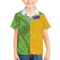 Cook Islands Language Week Family Matching Off Shoulder Short Dress and Hawaiian Shirt Tatau Pattern and Rarotongan Alphabet LT03 Son's Shirt Green - Polynesian Pride