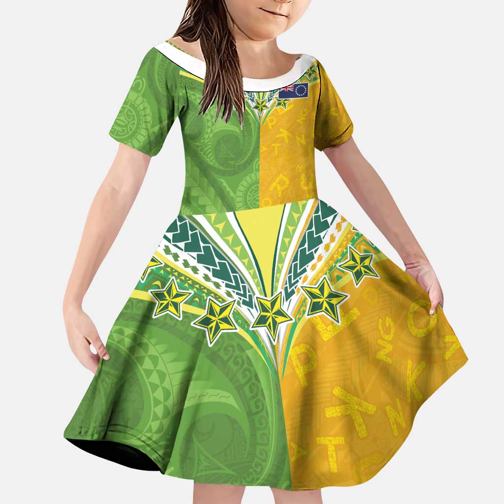 Cook Islands Language Week Family Matching Puletasi and Hawaiian Shirt Tatau Pattern and Rarotongan Alphabet LT03 Daughter's Dress Green - Polynesian Pride