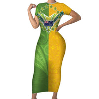 Cook Islands Language Week Family Matching Short Sleeve Bodycon Dress and Hawaiian Shirt Tatau Pattern and Rarotongan Alphabet LT03 Mom's Dress Green - Polynesian Pride