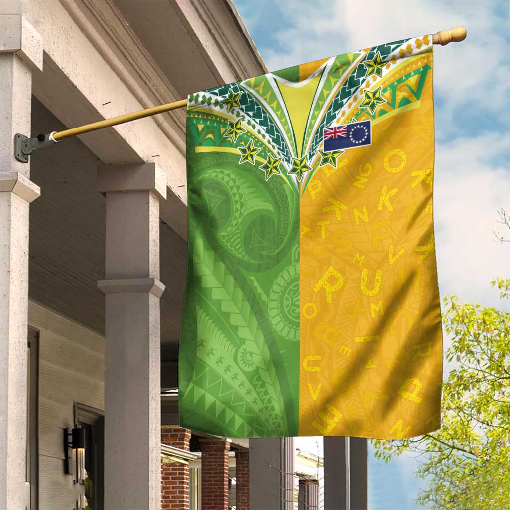 Cook Islands Language Week Garden Flag Tatau Pattern and Rarotongan Alphabet LT03 House Flag Green - Polynesian Pride