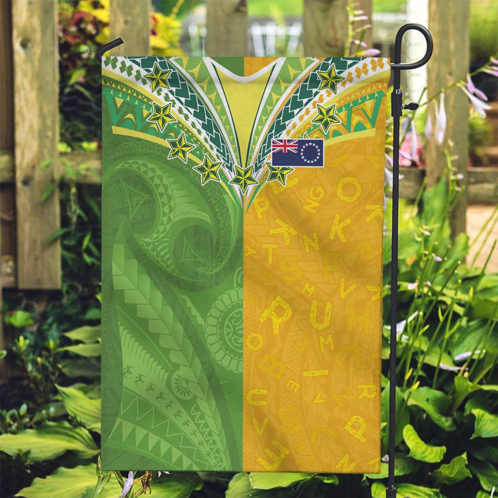Cook Islands Language Week Garden Flag Tatau Pattern and Rarotongan Alphabet LT03 Garden Flag Green - Polynesian Pride