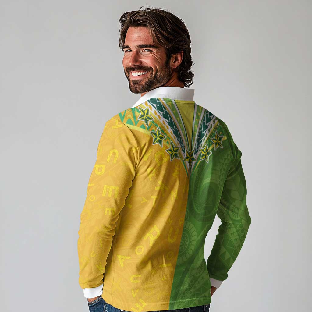 Cook Islands Language Week Long Sleeve Polo Shirt Tatau Pattern and Rarotongan Alphabet - Polynesian Pride