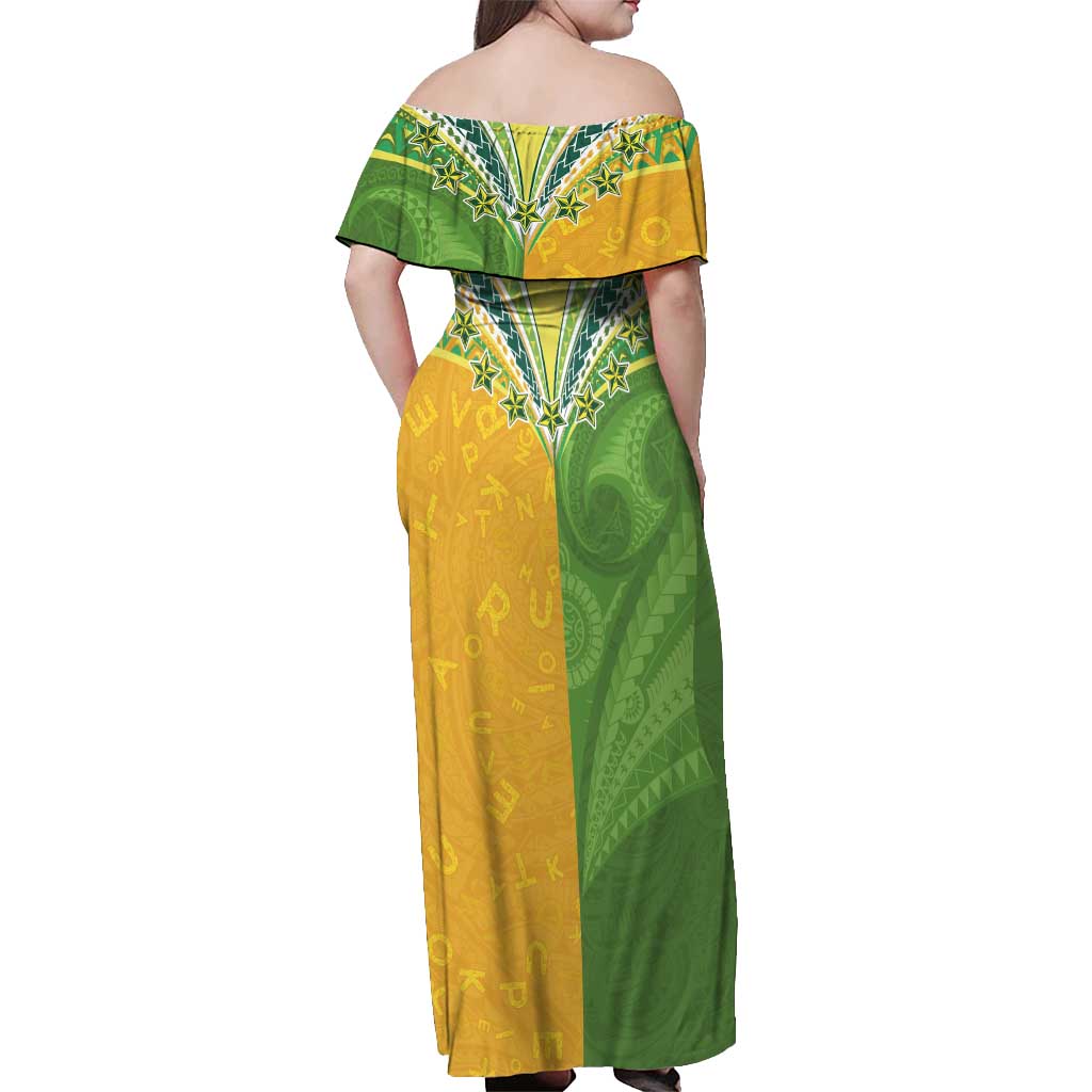 Cook Islands Language Week Off Shoulder Maxi Dress Tatau Pattern and Rarotongan Alphabet - Polynesian Pride