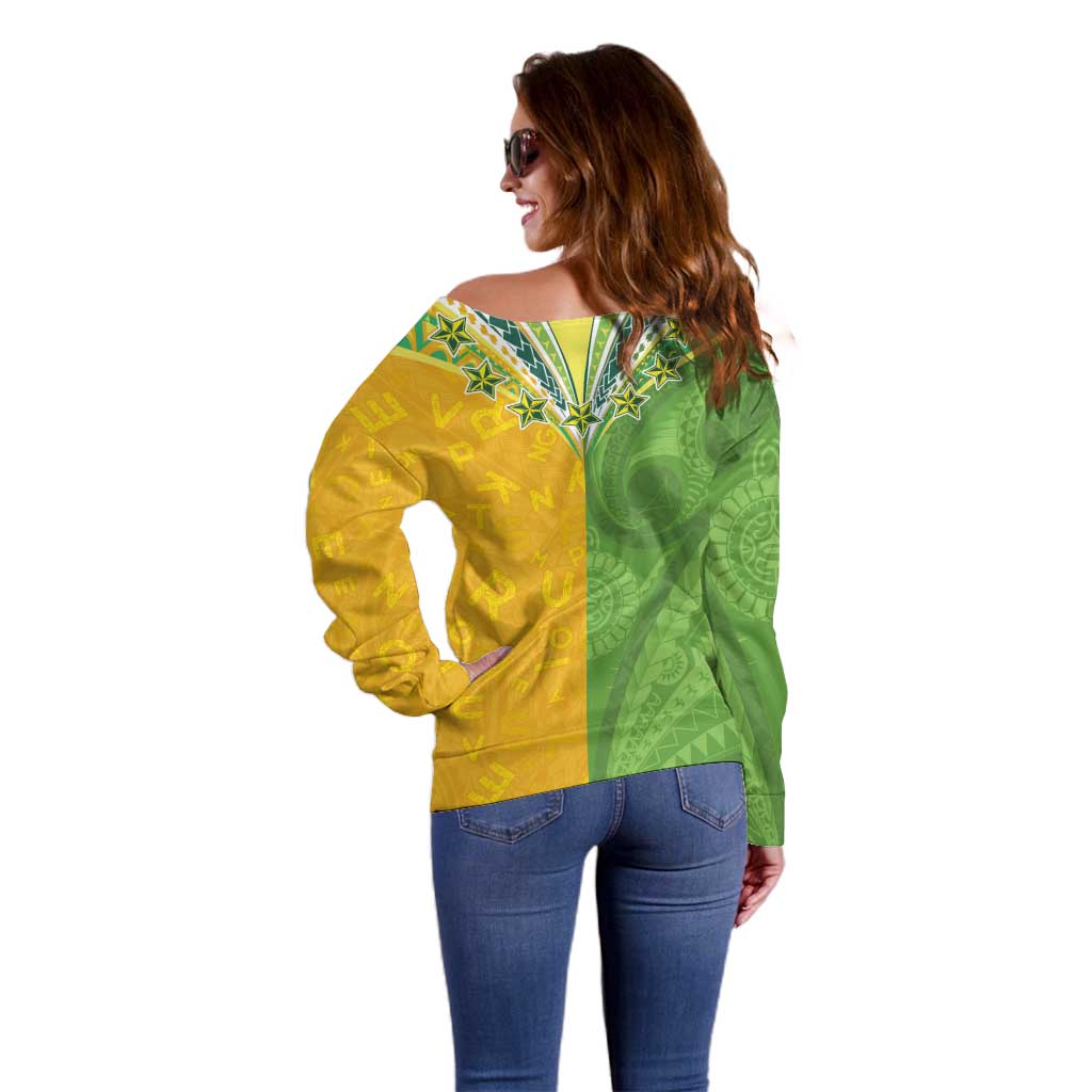 Cook Islands Language Week Off Shoulder Sweater Tatau Pattern and Rarotongan Alphabet - Polynesian Pride