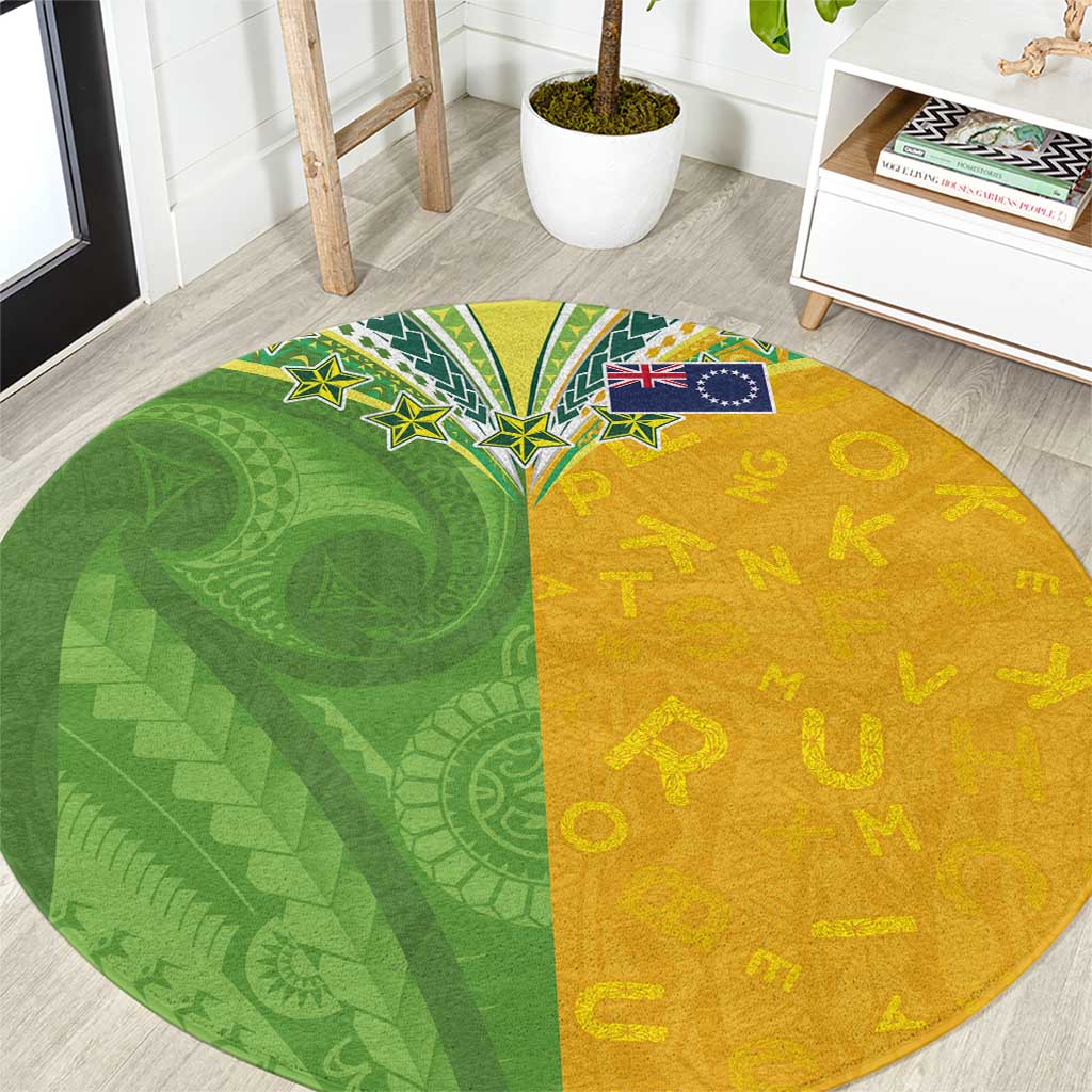 Cook Islands Language Week Round Carpet Tatau Pattern and Rarotongan Alphabet LT03 Green - Polynesian Pride