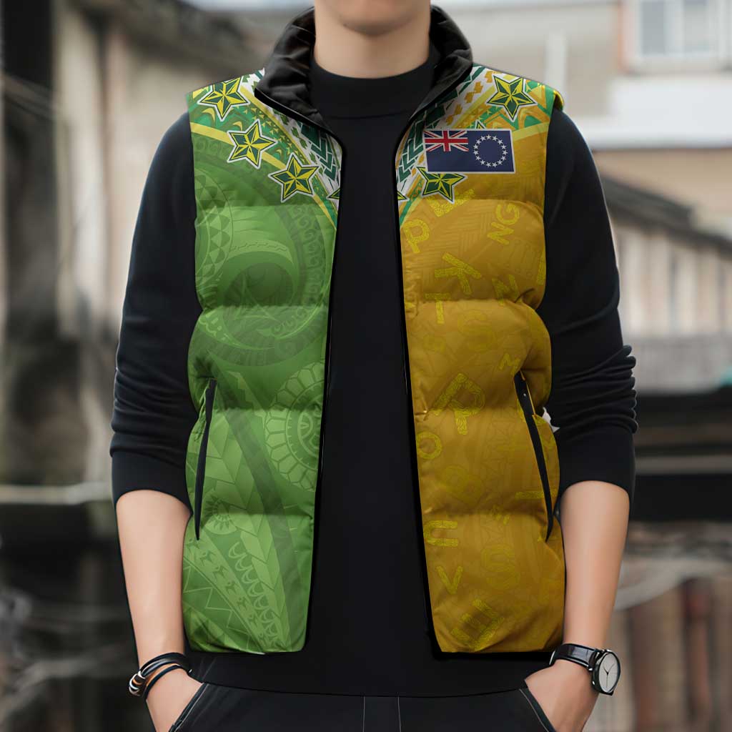 Cook Islands Language Week Sleeveless Puffer Jacket Tatau Pattern and Rarotongan Alphabet - Polynesian Pride