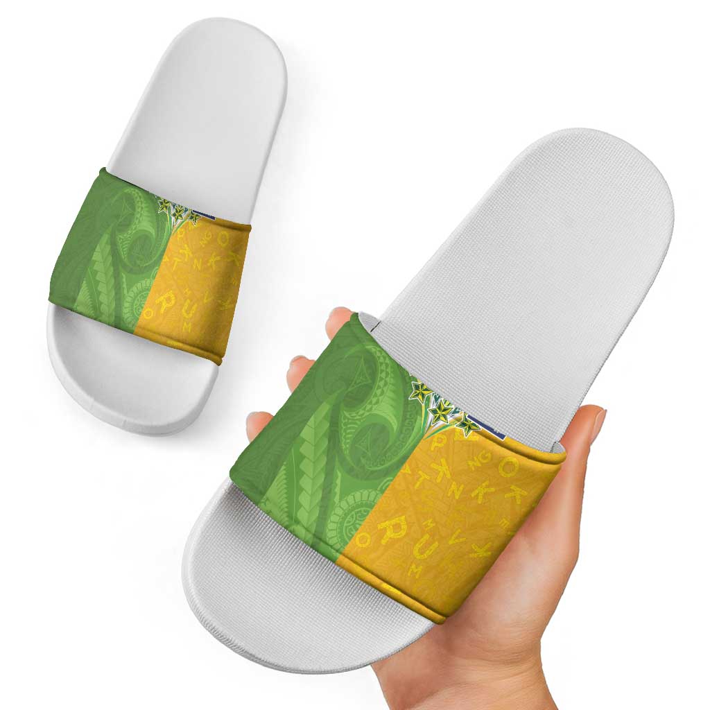 Cook Islands Language Week Slide Sandals Tatau Pattern and Rarotongan Alphabet - Polynesian Pride
