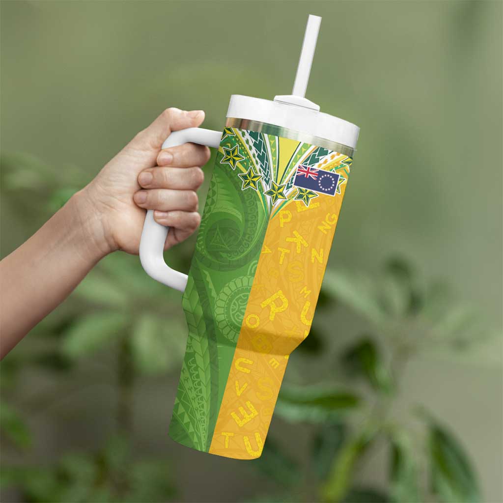 Cook Islands Language Week Tumbler With Handle Tatau Pattern and Rarotongan Alphabet - Polynesian Pride