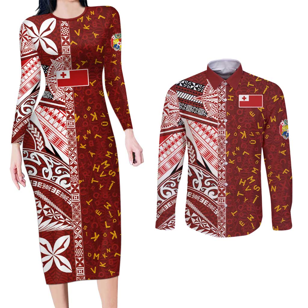 Tonga Language Week Couples Matching Long Sleeve Bodycon Dress and Long Sleeve Button Shirt Ngatu Pattern and Tongan Alphabet LT03 Red - Polynesian Pride