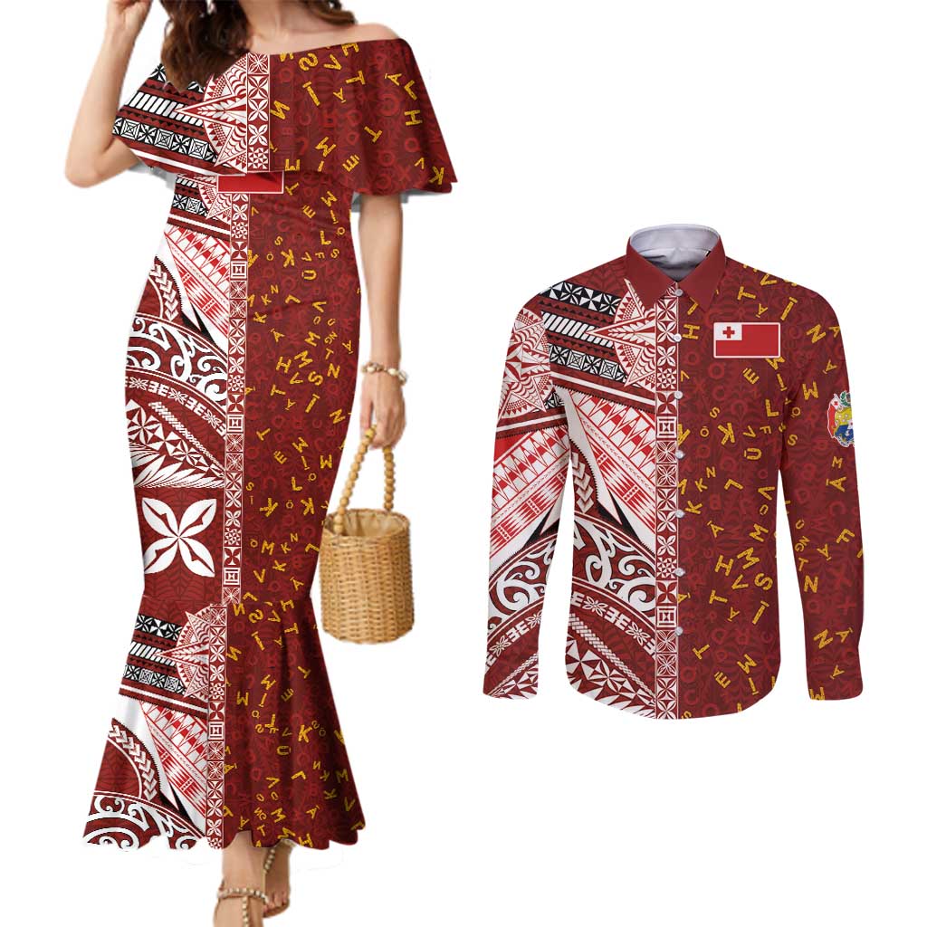 Tonga Language Week Couples Matching Mermaid Dress and Long Sleeve Button Shirt Ngatu Pattern and Tongan Alphabet LT03 Red - Polynesian Pride