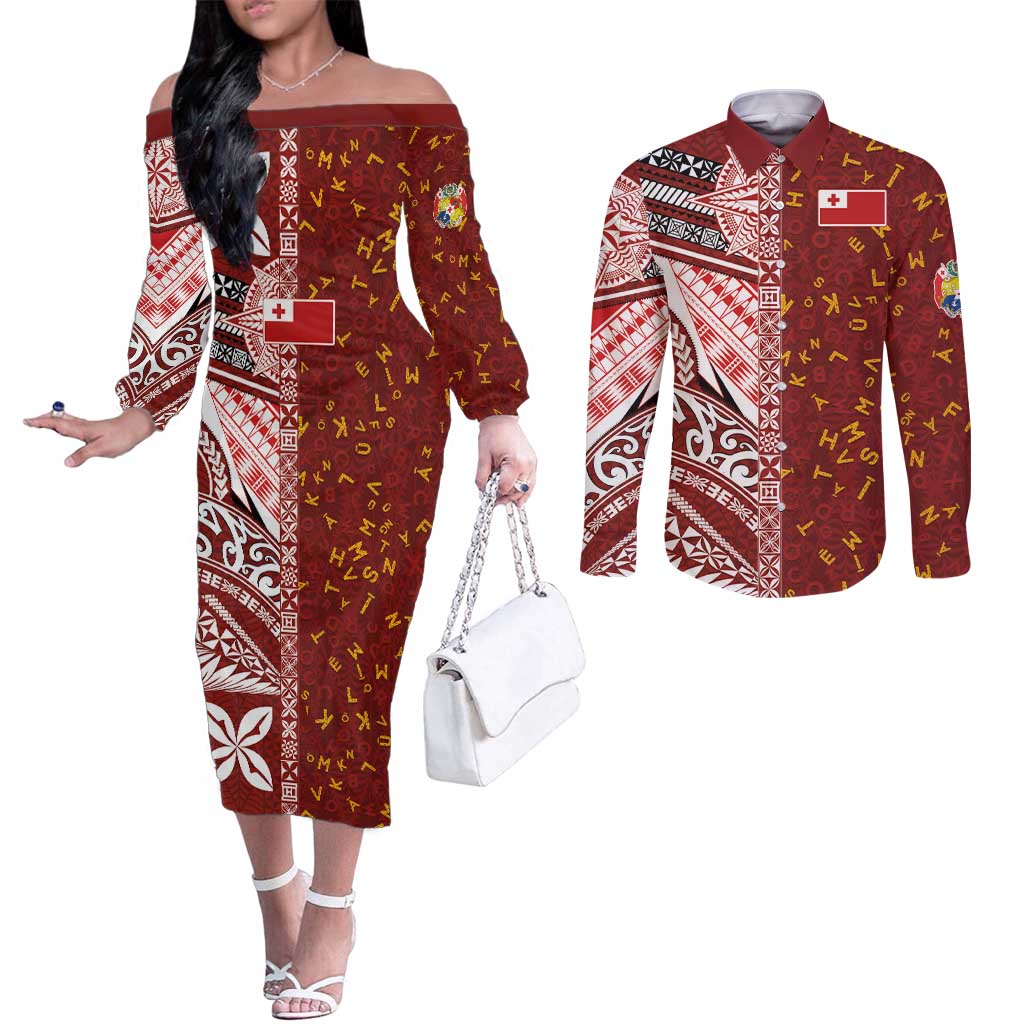 Tonga Language Week Couples Matching Off The Shoulder Long Sleeve Dress and Long Sleeve Button Shirt Ngatu Pattern and Tongan Alphabet LT03 Red - Polynesian Pride
