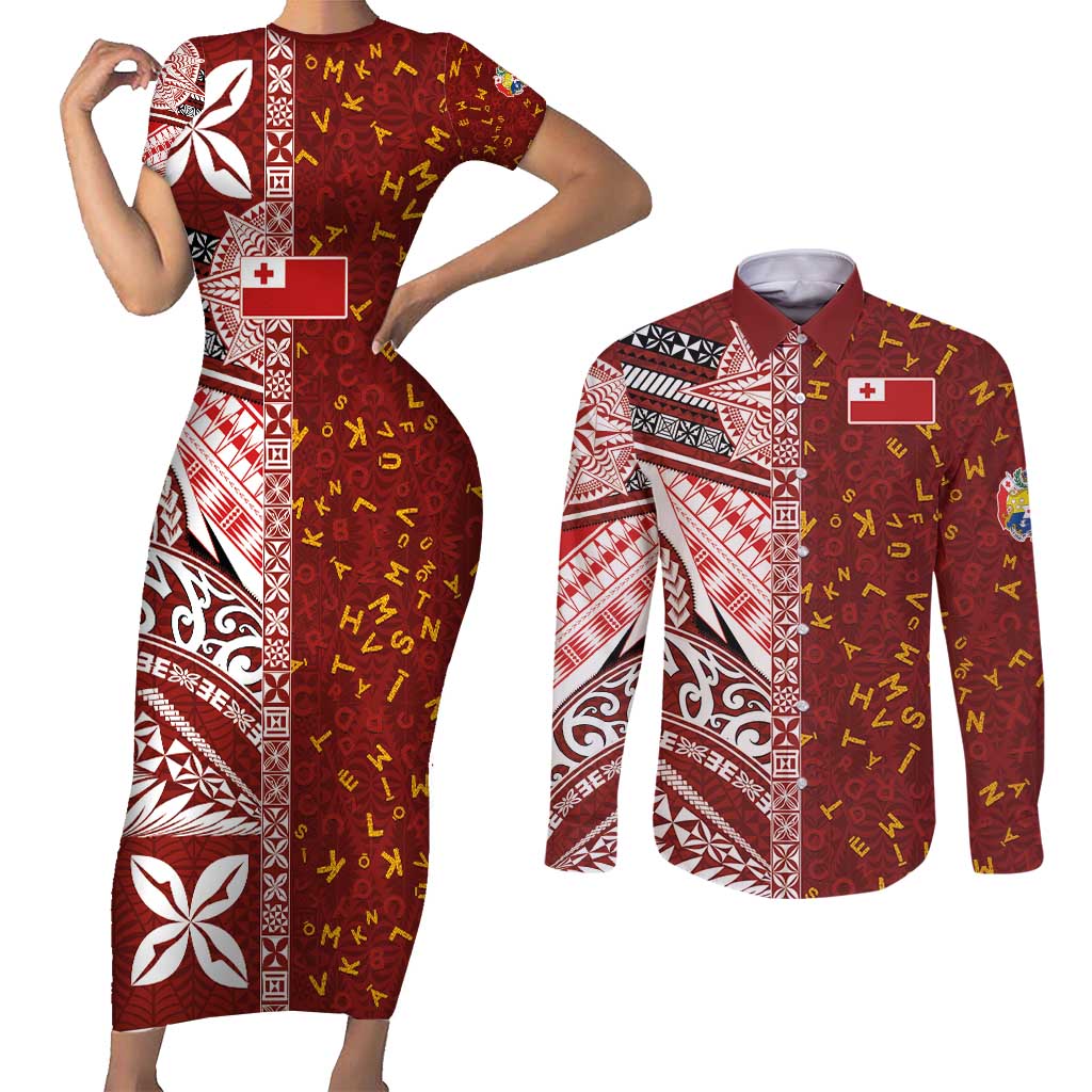 Tonga Language Week Couples Matching Short Sleeve Bodycon Dress and Long Sleeve Button Shirt Ngatu Pattern and Tongan Alphabet LT03 Red - Polynesian Pride