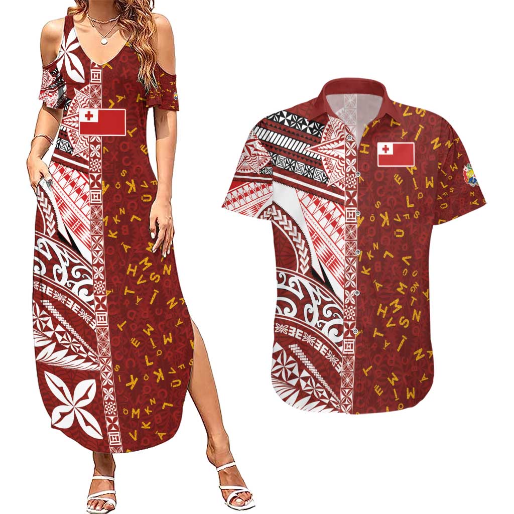 Tonga Language Week Couples Matching Summer Maxi Dress and Hawaiian Shirt Ngatu Pattern and Tongan Alphabet LT03 Red - Polynesian Pride