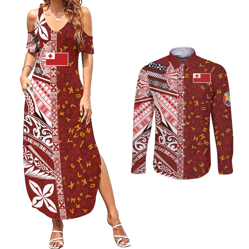 Tonga Language Week Couples Matching Summer Maxi Dress and Long Sleeve Button Shirt Ngatu Pattern and Tongan Alphabet LT03 Red - Polynesian Pride