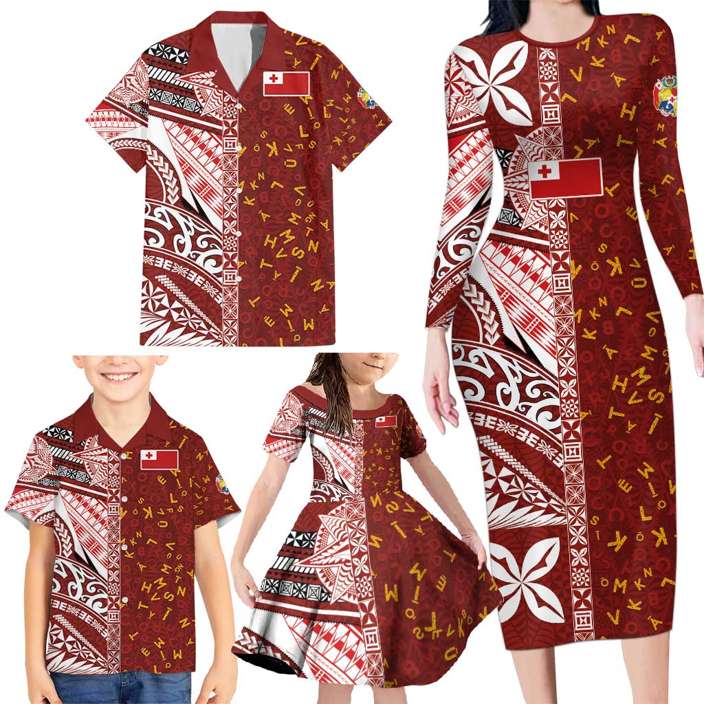 Tonga Language Week Family Matching Long Sleeve Bodycon Dress and Hawaiian Shirt Ngatu Pattern and Tongan Alphabet LT03 - Polynesian Pride