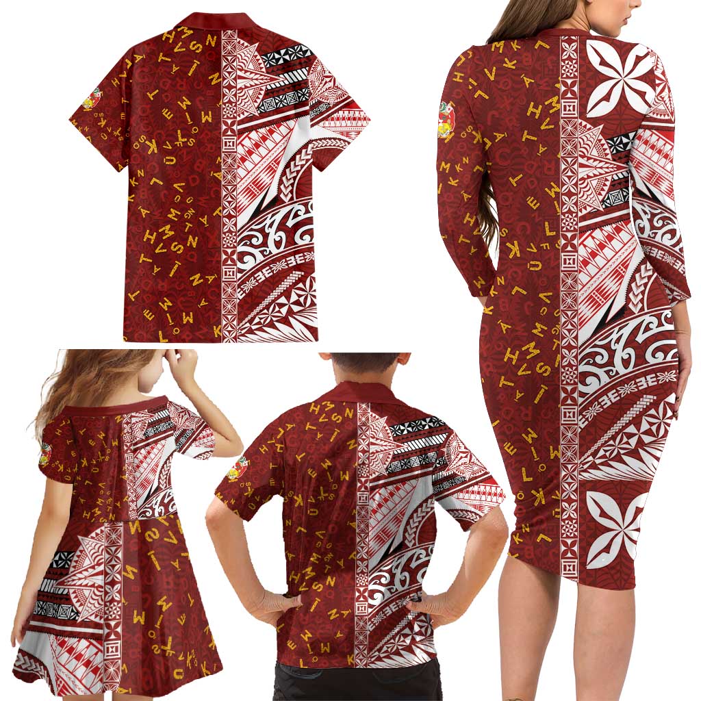 Tonga Language Week Family Matching Long Sleeve Bodycon Dress and Hawaiian Shirt Ngatu Pattern and Tongan Alphabet LT03 - Polynesian Pride