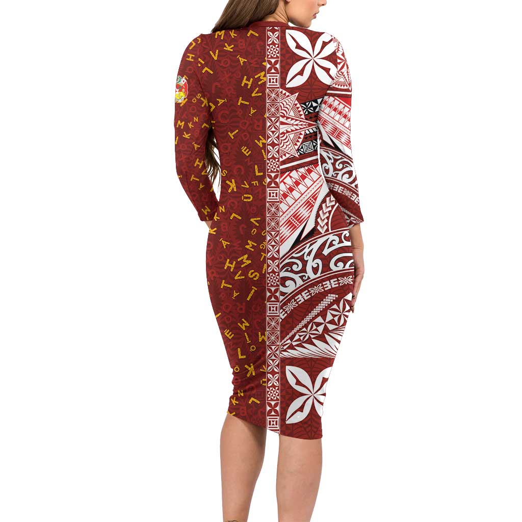 Tonga Language Week Family Matching Long Sleeve Bodycon Dress and Hawaiian Shirt Ngatu Pattern and Tongan Alphabet LT03 - Polynesian Pride