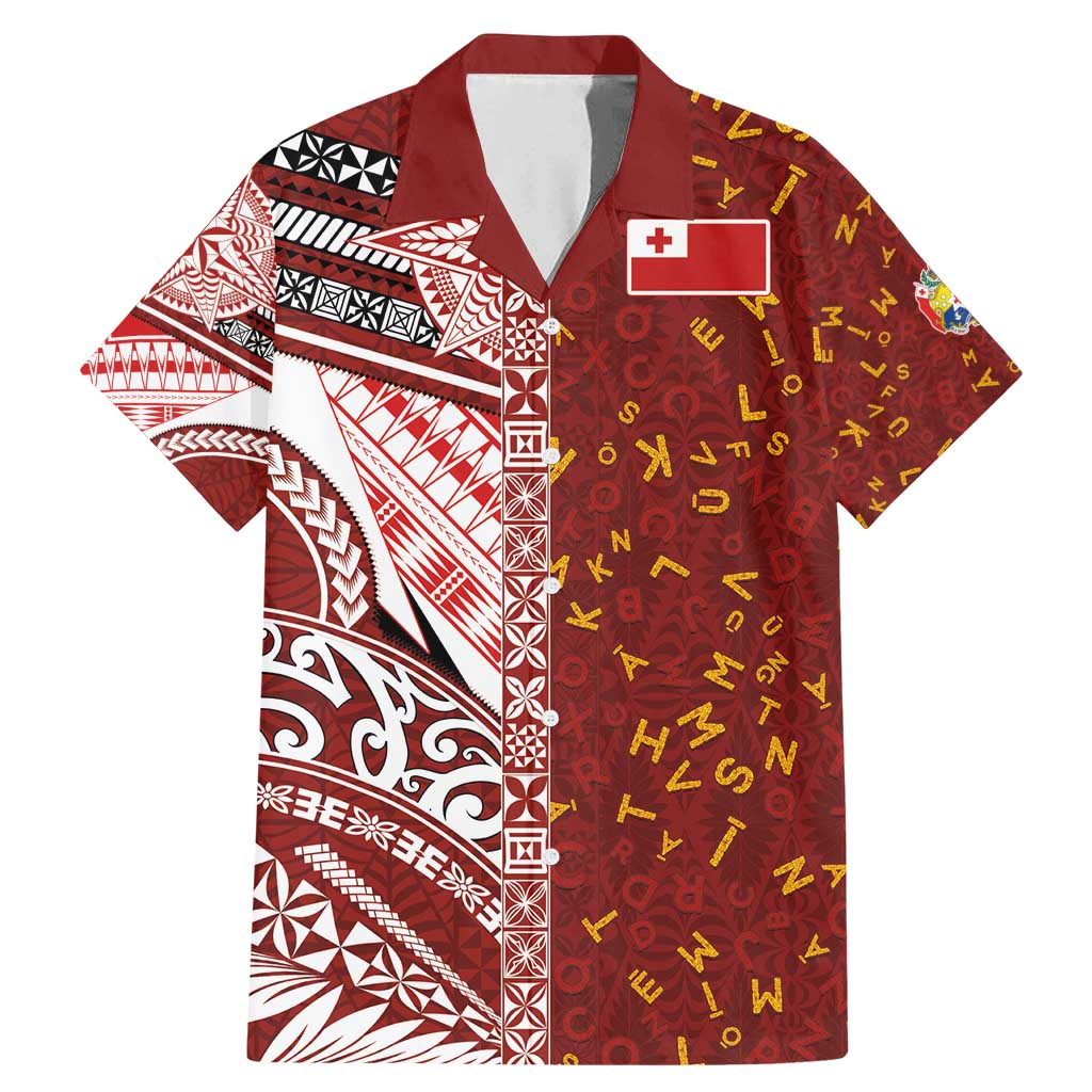 Tonga Language Week Family Matching Mermaid Dress and Hawaiian Shirt Ngatu Pattern and Tongan Alphabet LT03 Dad's Shirt - Short Sleeve Red - Polynesian Pride