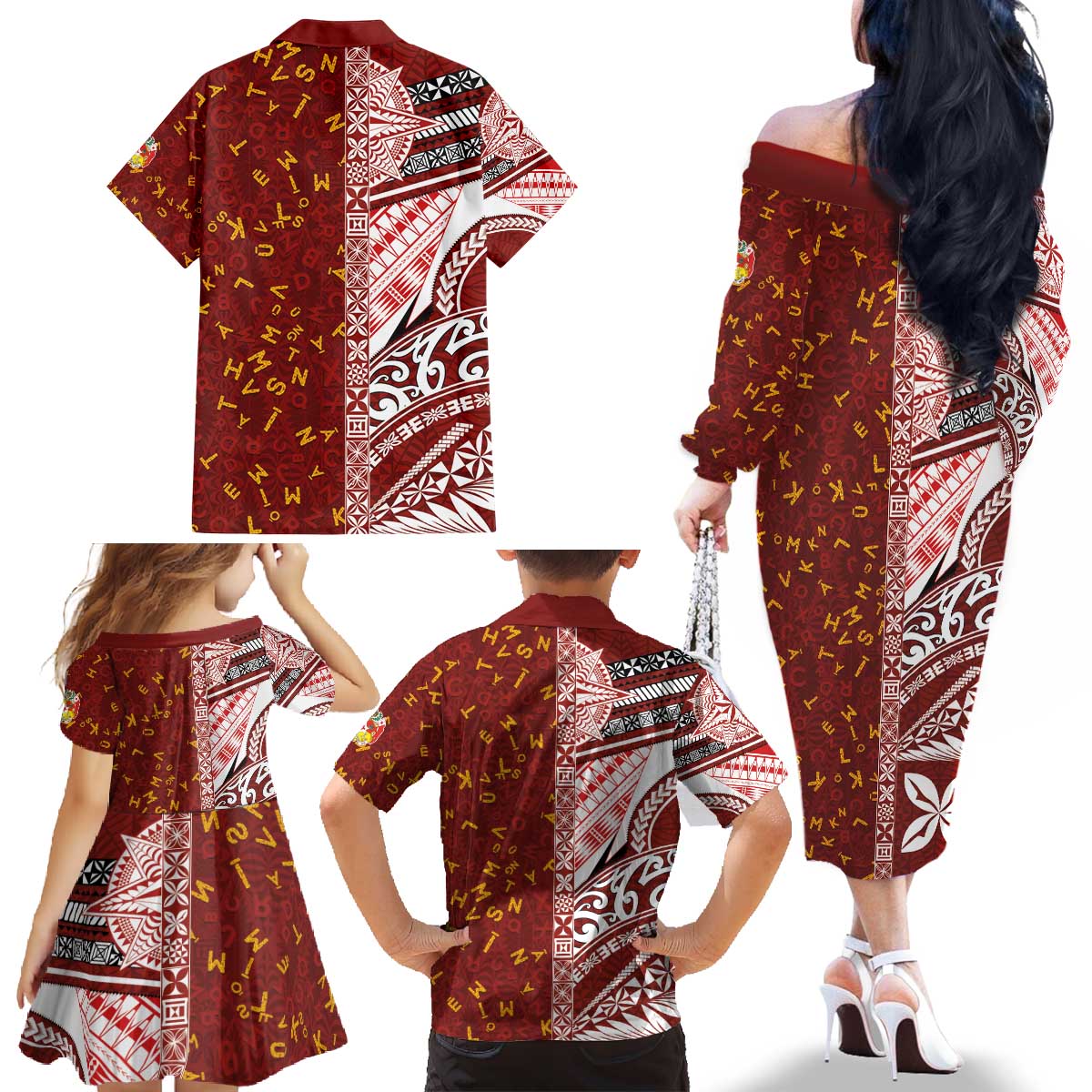 Tonga Language Week Family Matching Off The Shoulder Long Sleeve Dress and Hawaiian Shirt Ngatu Pattern and Tongan Alphabet LT03 - Polynesian Pride