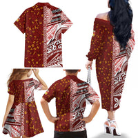 Tonga Language Week Family Matching Off The Shoulder Long Sleeve Dress and Hawaiian Shirt Ngatu Pattern and Tongan Alphabet LT03 - Polynesian Pride