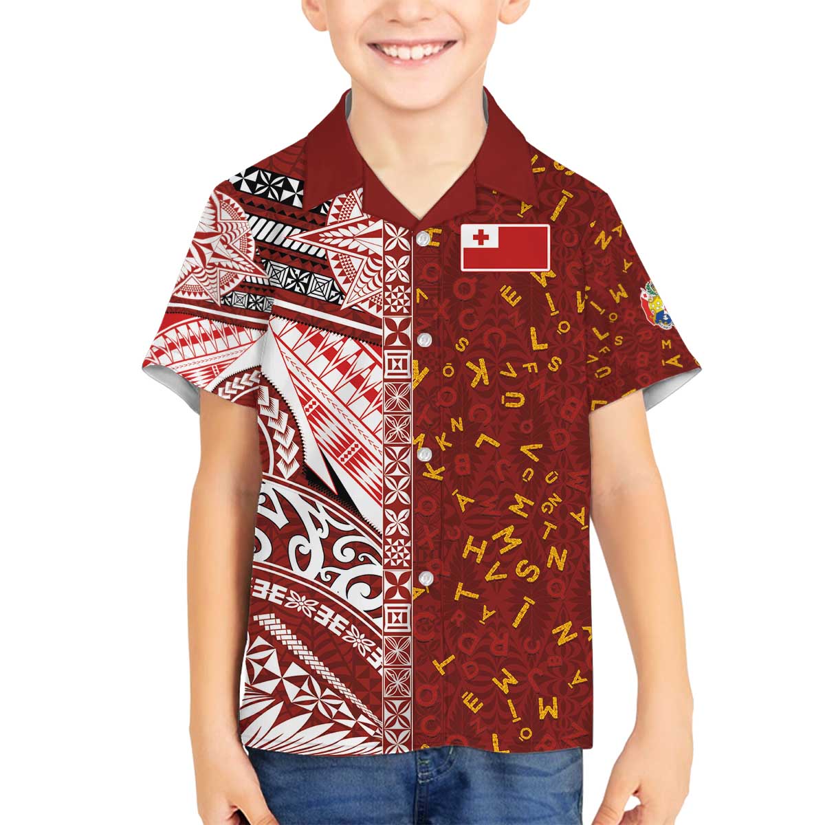 Tonga Language Week Family Matching Off The Shoulder Long Sleeve Dress and Hawaiian Shirt Ngatu Pattern and Tongan Alphabet LT03 Son's Shirt Red - Polynesian Pride