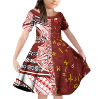 Tonga Language Week Family Matching Off Shoulder Short Dress and Hawaiian Shirt Ngatu Pattern and Tongan Alphabet LT03 Daughter's Dress Red - Polynesian Pride