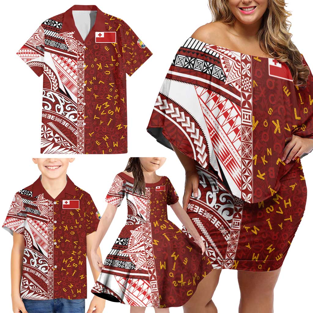 Tonga Language Week Family Matching Off Shoulder Short Dress and Hawaiian Shirt Ngatu Pattern and Tongan Alphabet LT03 - Polynesian Pride