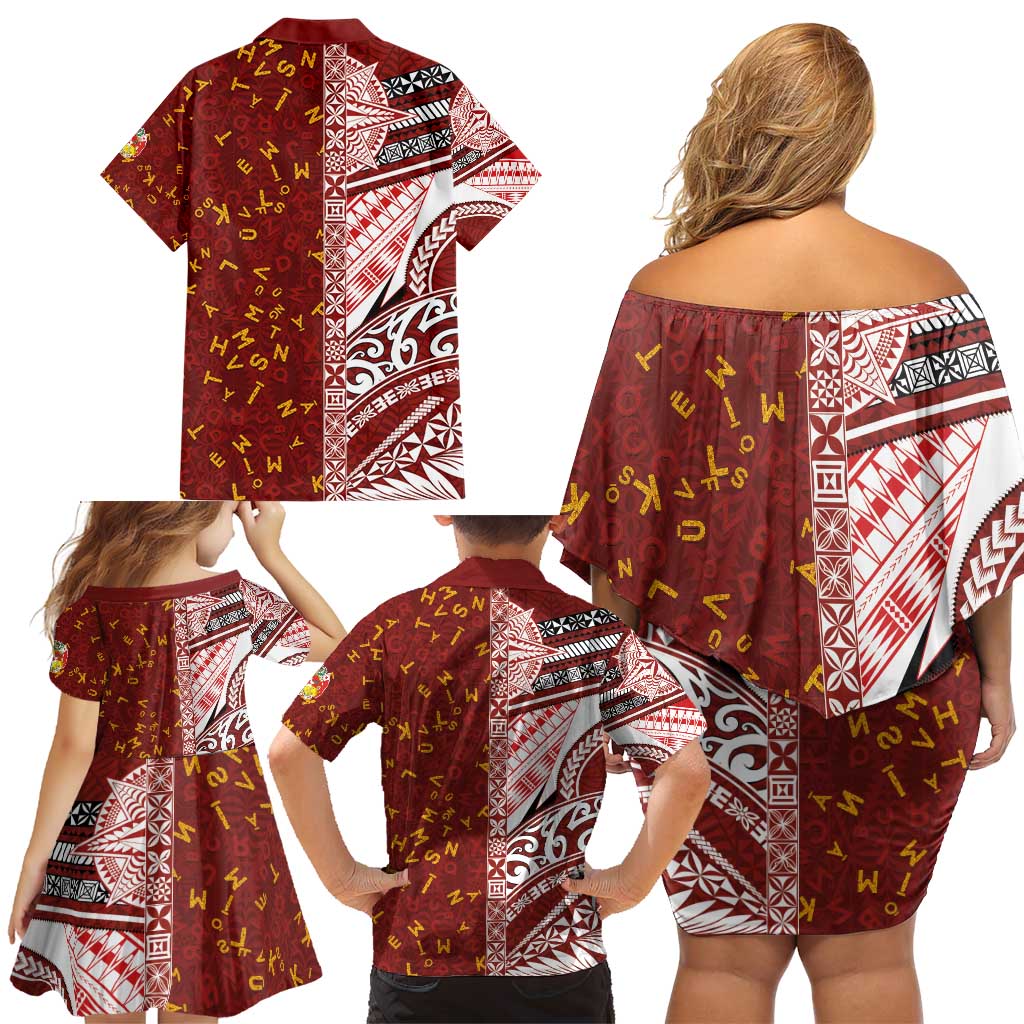Tonga Language Week Family Matching Off Shoulder Short Dress and Hawaiian Shirt Ngatu Pattern and Tongan Alphabet LT03 - Polynesian Pride