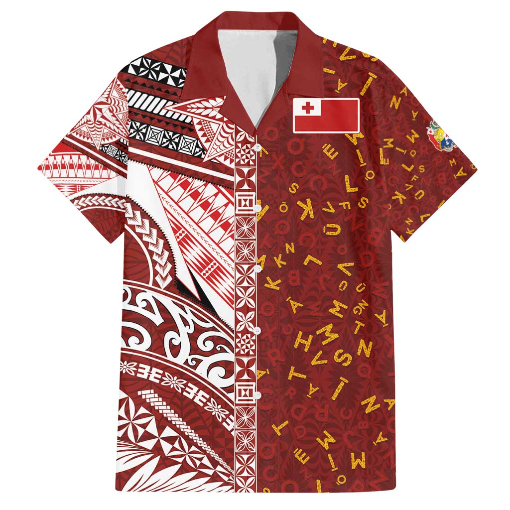 Tonga Language Week Family Matching Off Shoulder Short Dress and Hawaiian Shirt Ngatu Pattern and Tongan Alphabet LT03 Dad's Shirt - Short Sleeve Red - Polynesian Pride