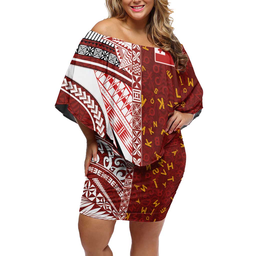 Tonga Language Week Family Matching Off Shoulder Short Dress and Hawaiian Shirt Ngatu Pattern and Tongan Alphabet LT03 Mom's Dress Red - Polynesian Pride