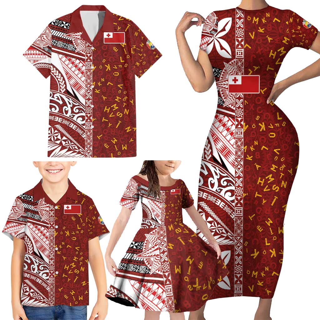 Tonga Language Week Family Matching Short Sleeve Bodycon Dress and Hawaiian Shirt Ngatu Pattern and Tongan Alphabet LT03 - Polynesian Pride