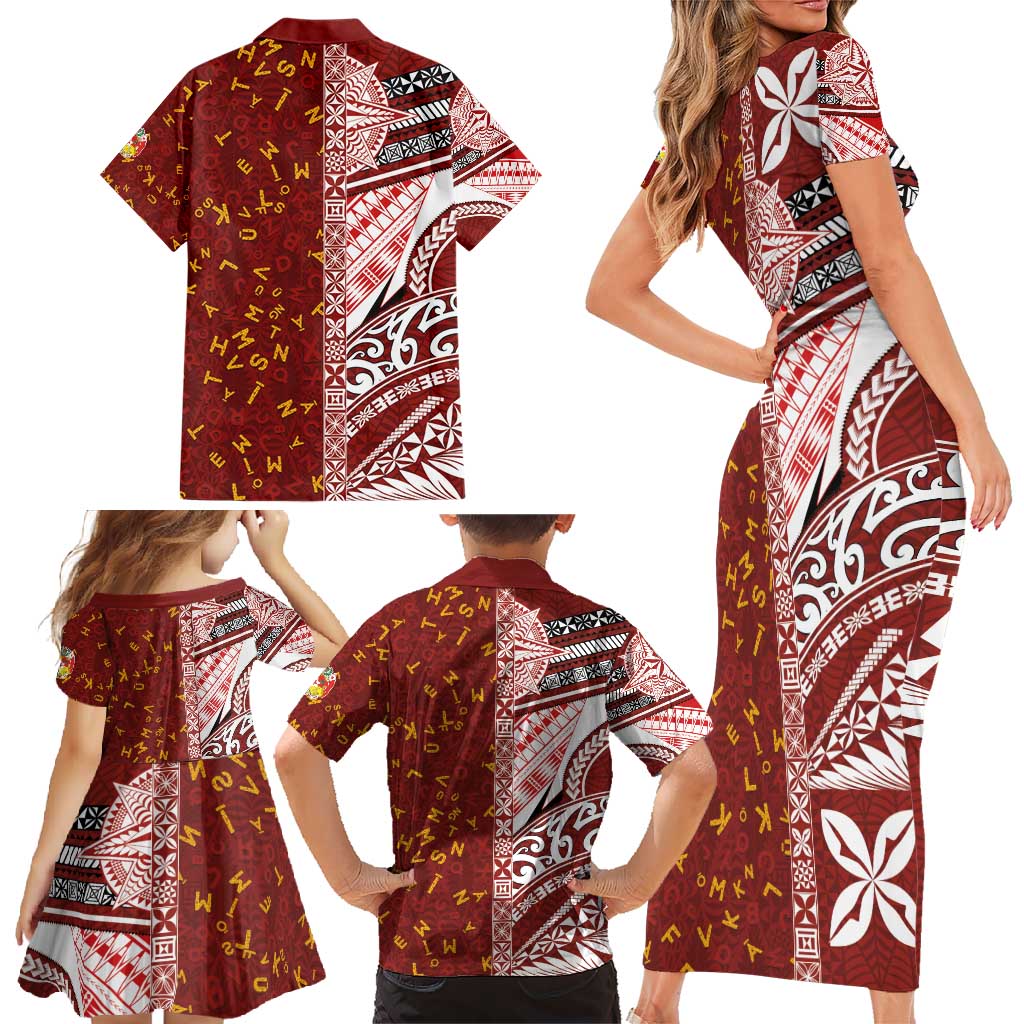 Tonga Language Week Family Matching Short Sleeve Bodycon Dress and Hawaiian Shirt Ngatu Pattern and Tongan Alphabet LT03 - Polynesian Pride