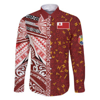 Tonga Language Week Family Matching Short Sleeve Bodycon Dress and Hawaiian Shirt Ngatu Pattern and Tongan Alphabet LT03 Dad's Shirt - Long Sleeve Red - Polynesian Pride