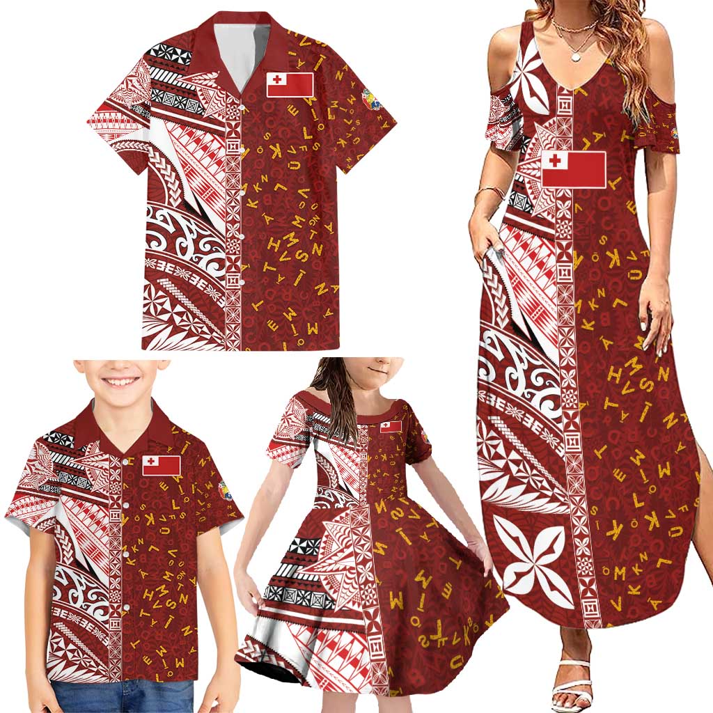 Tonga Language Week Family Matching Summer Maxi Dress and Hawaiian Shirt Ngatu Pattern and Tongan Alphabet LT03 - Polynesian Pride