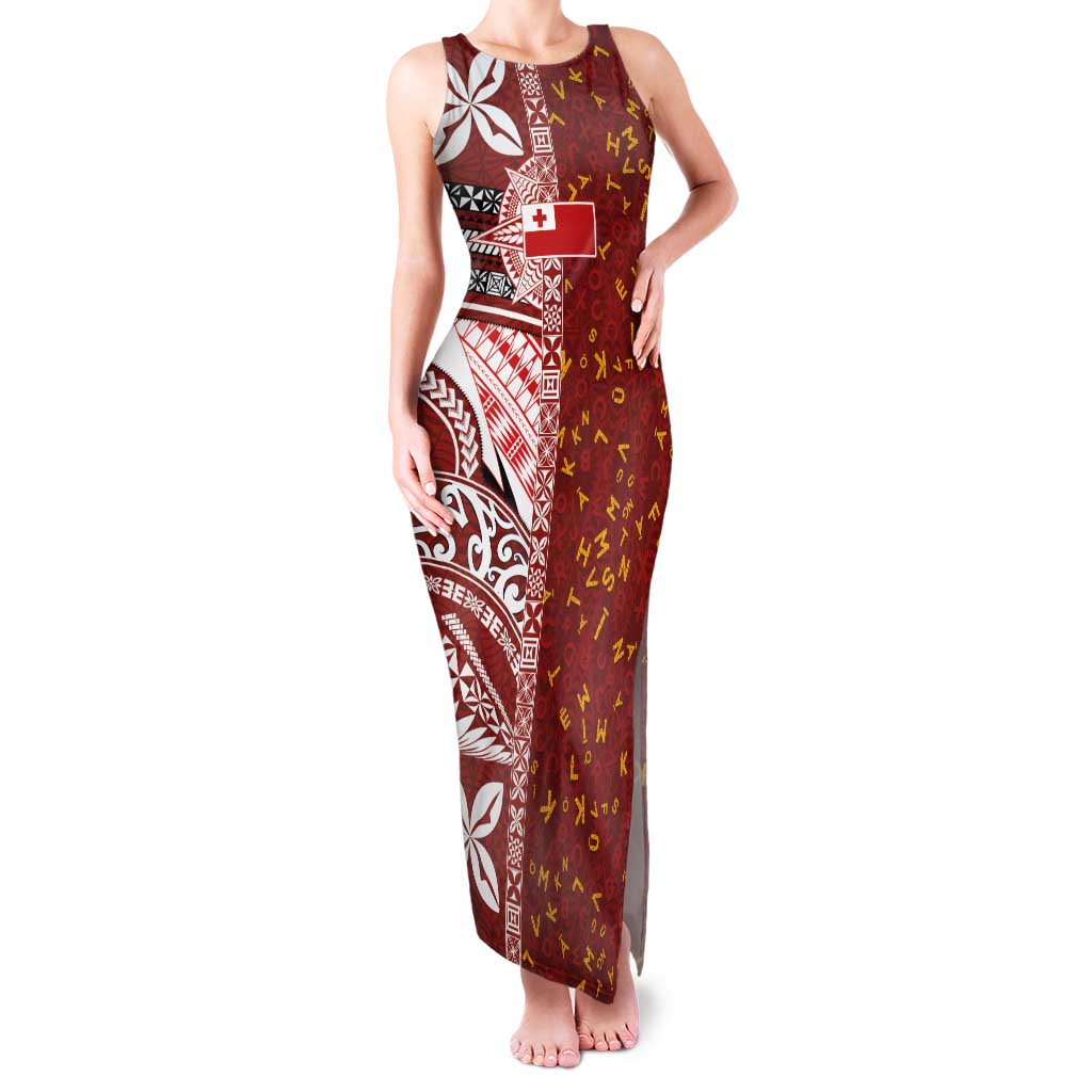 Tonga Language Week Family Matching Tank Maxi Dress and Hawaiian Shirt Ngatu Pattern and Tongan Alphabet LT03 Mom's Dress Red - Polynesian Pride