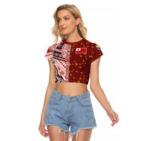 Tonga Language Week Raglan Cropped T Shirt Ngatu Pattern and Tongan Alphabet LT03 Female Red - Polynesian Pride