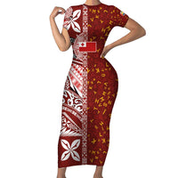 Tonga Language Week Short Sleeve Bodycon Dress Ngatu Pattern and Tongan Alphabet LT03 Long Dress Red - Polynesian Pride
