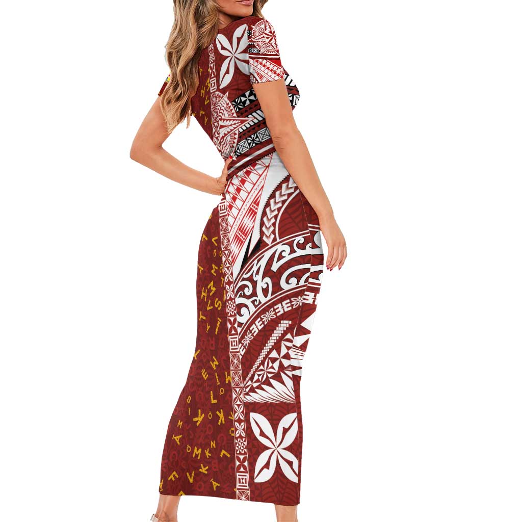 Tonga Language Week Short Sleeve Bodycon Dress Ngatu Pattern and Tongan Alphabet LT03 - Polynesian Pride