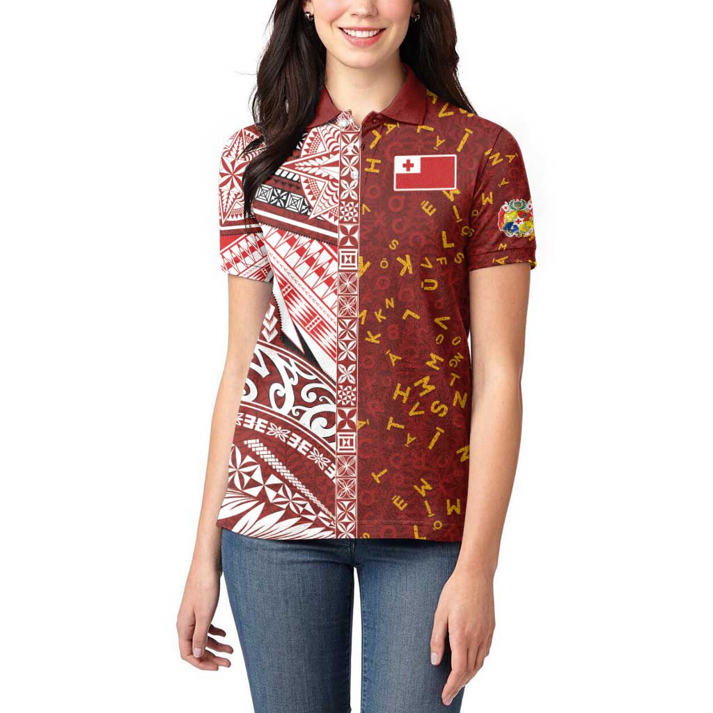 Tonga Language Week Women Polo Shirt Ngatu Pattern and Tongan Alphabet - Polynesian Pride