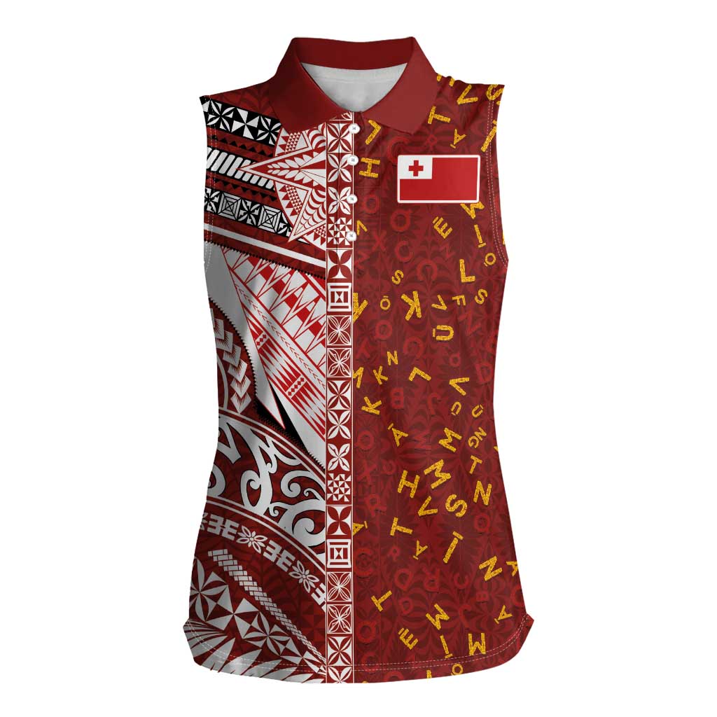 Tonga Language Week Women Sleeveless Polo Shirt Ngatu Pattern and Tongan Alphabet LT03 Female Red - Polynesian Pride