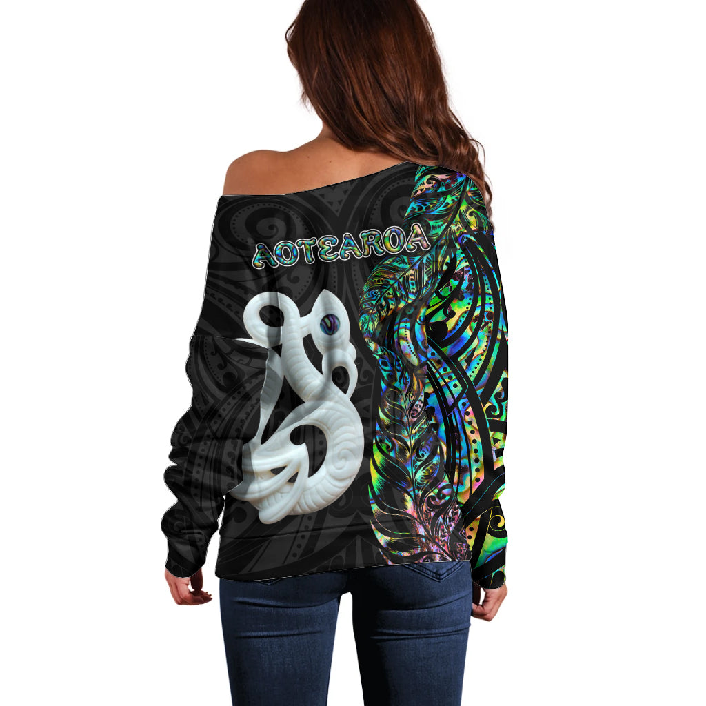 New Zealand Off Shoulder Sweater Silver Fern and Manaia with Papua Shell Maori Tribal LT03 - Polynesian Pride