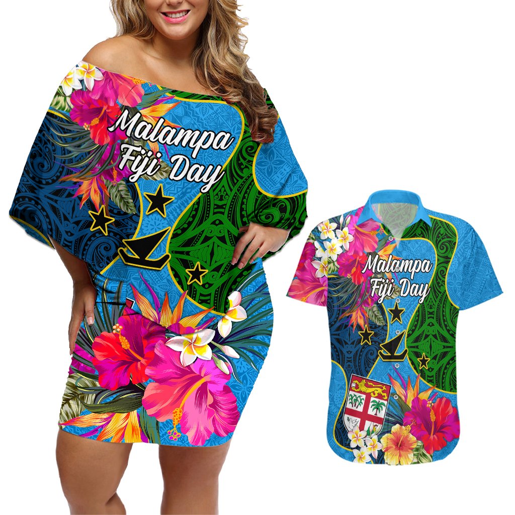 Personalised Malampa Fiji Day Couples Matching Off Shoulder Short Dress and Hawaiian Shirt Tropical Plants Mix Polynesian and Tapa Pattern LT03 Blue - Polynesian Pride